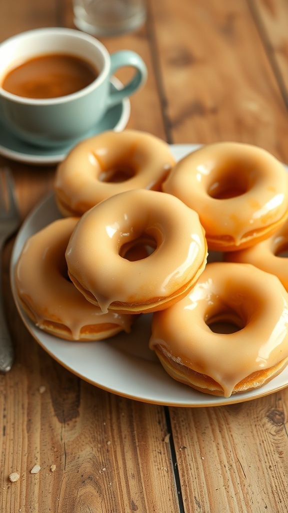 Delicious Glazed Donut Recipe A plate of glazed donuts on a wooden table with coffee.